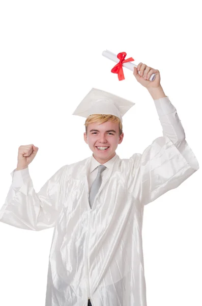 Joven estudiante masculino graduado de la escuela secundaria en blanco — Foto de Stock