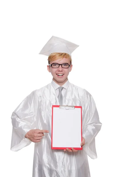 Student met laptop geïsoleerd op wit — Stockfoto