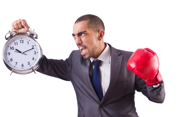 Enojado hombre de negocios golpeando reloj aislado en blanco —  Fotos de Stock