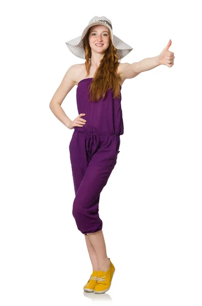 Młoda kobieta w fioletowy kombinezon — Zdjęcie stockowe