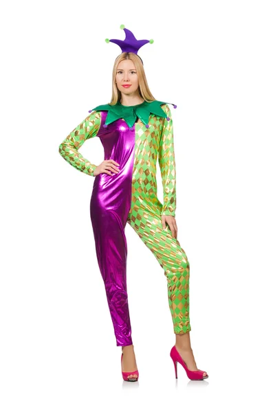 Woman wearing clown costume isolated on white — Stock Photo, Image
