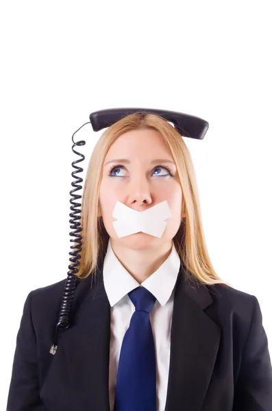 Vrouw met haar mond verzegeld geïsoleerd op wit — Stockfoto