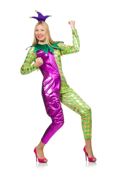 Woman wearing clown costume isolated on white — Stock Photo, Image