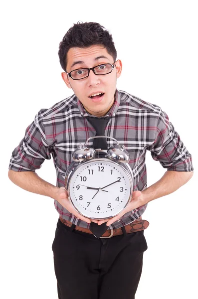 Homem com relógio tentando cumprir o prazo isolado em branco — Fotografia de Stock