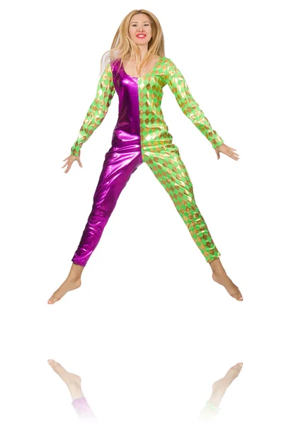 Woman wearing clown costume isolated on white — Stock Photo, Image