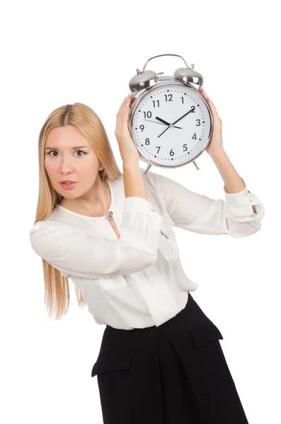 Mujer de negocios con reloj aislado en el fondo blanco — Foto de Stock