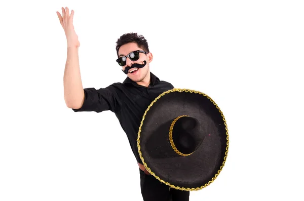 Homme drôle portant chapeau sombrero mexicain isolé sur blanc — Photo