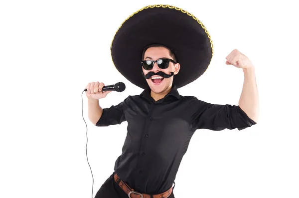 Funny man wearing mexican sombrero hat isolated on white — Stock Photo, Image