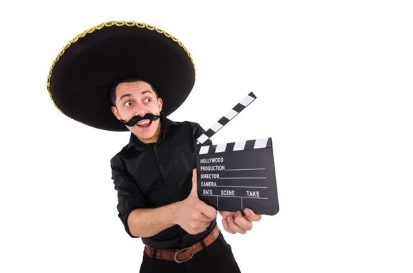 Homme drôle portant chapeau sombrero mexicain isolé sur blanc — Photo