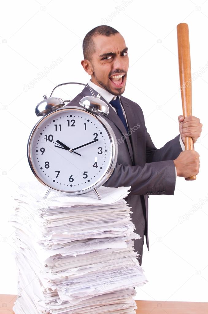 Angry man with stack of papers and baseball bat isolated on whit