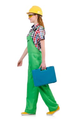 Alet çantalı bir kadın beyaza izole edilmiş.