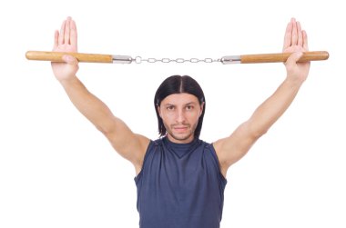 Beyaz mınçıka takmış komik bir karate dövüşçüsü