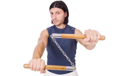 Beyaz mınçıka takmış komik bir karate dövüşçüsü