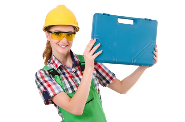 Femme avec boîte à outils isolée sur blanc — Photo