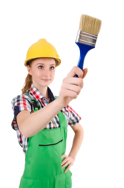 Funny woman painter in construction concept isolated on white — Stock Photo, Image