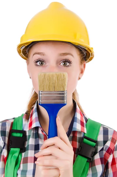 Funny woman painter in construction concept isolated on white — Stock Photo, Image