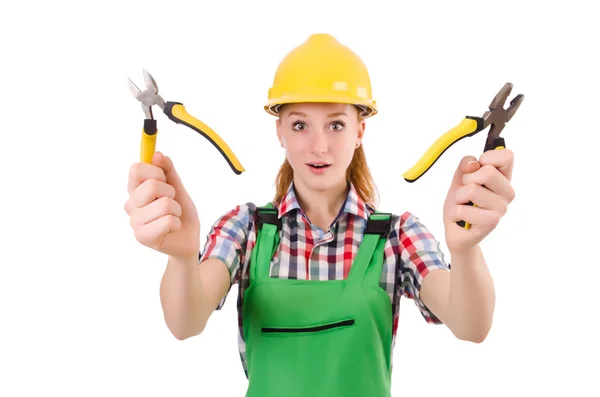 Construction worker female with pliers isolated on white — Stock Photo, Image