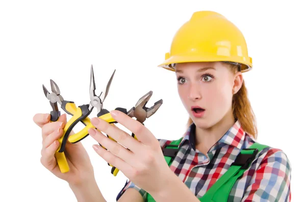 Construction worker female with pliers isolated on white — Stock Photo, Image