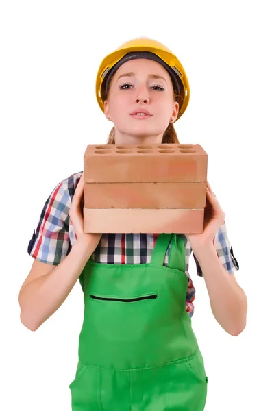 Woman with bricks isolated on white — Stock Photo, Image