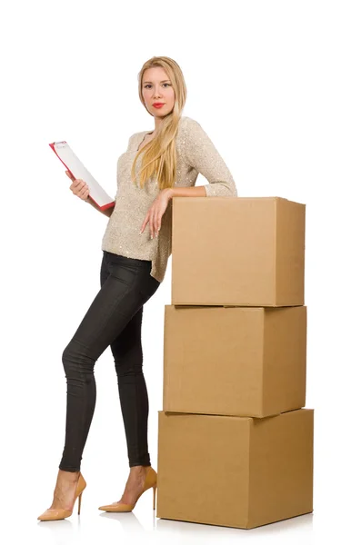 Woman with boxes relocating to new house isolated on white — Stock Photo, Image