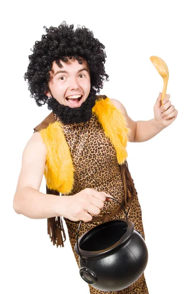 Funny caveman with pot isolated on white — Stock Photo, Image