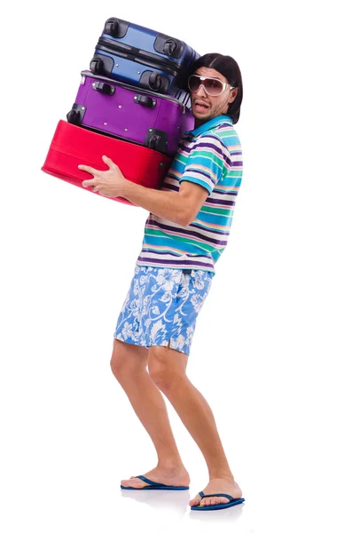 Homme voyageant avec des valises isolées sur blanc — Photo