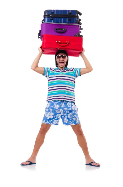 Man travelling with suitcases isolated on white — Stock Photo, Image