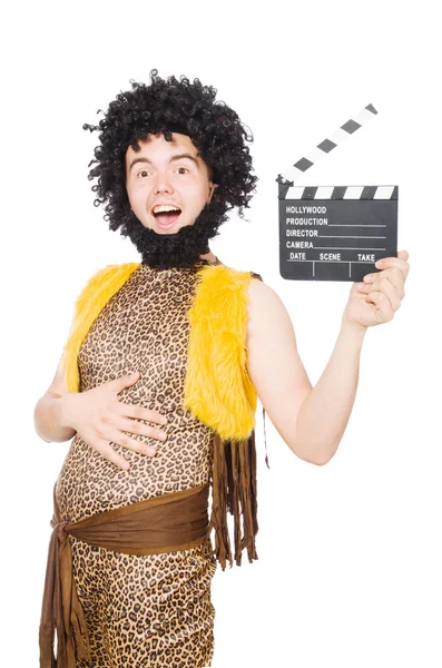 Cueva hombre con el tablero de cine aislado en blanco — Foto de Stock