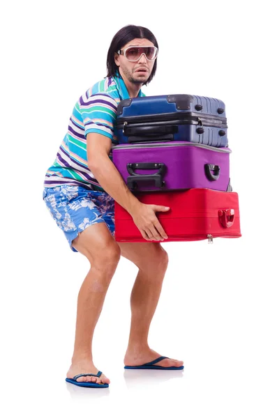 Человек путешествует с чемоданами изолированы на белом — стоковое фото