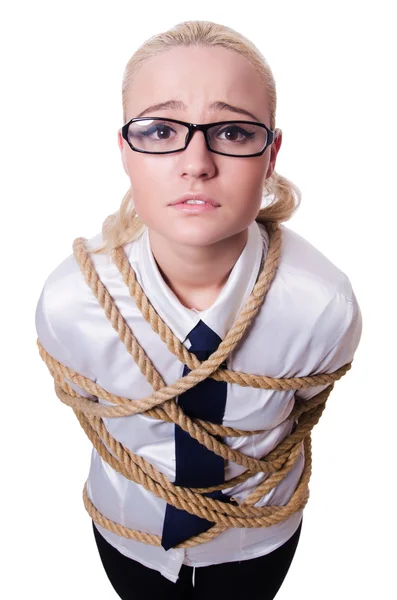 Businesswoman tied up with rope — Stock Photo, Image