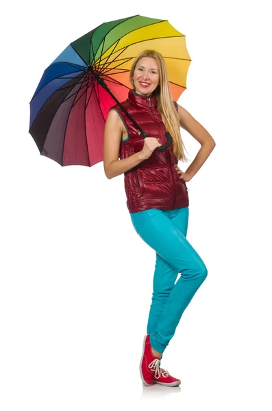 Jonge vrouw met kleurrijke paraplu geïsoleerd op wit — Stockfoto