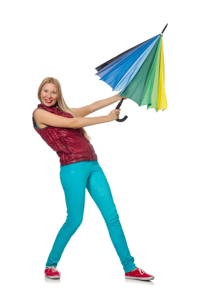 Młoda kobieta z kolorowym parasolem na białym tle — Zdjęcie stockowe