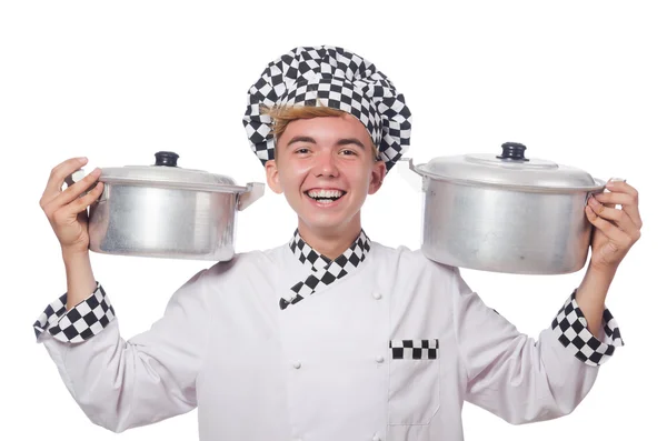 Drôle mâle cuisinier avec pots — Photo