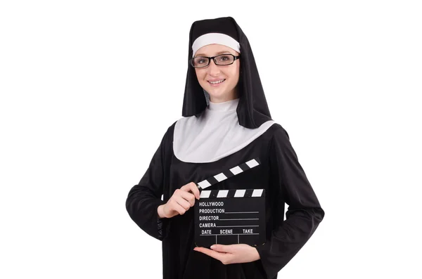 Monja con tablero de cine aislado en blanco — Foto de Stock