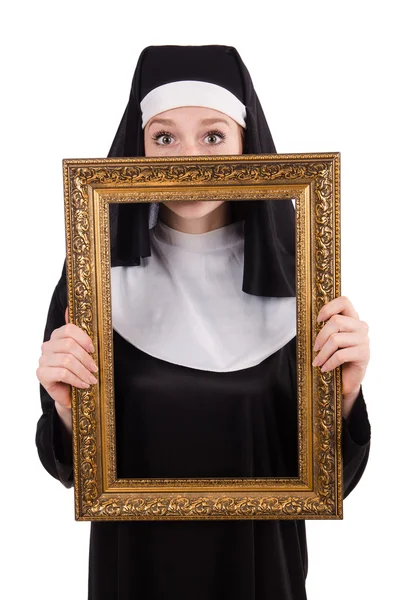 Young nun with frame isolated on white — Stock Photo, Image