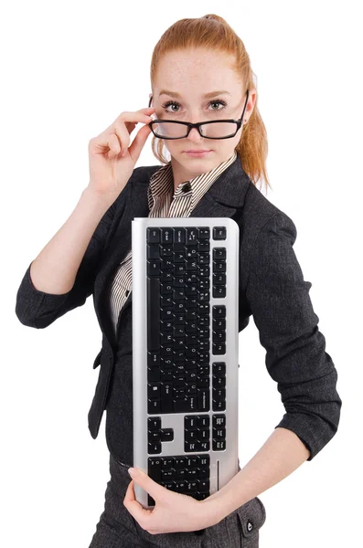 Frau mit Tastatur isoliert auf weiß — Stockfoto