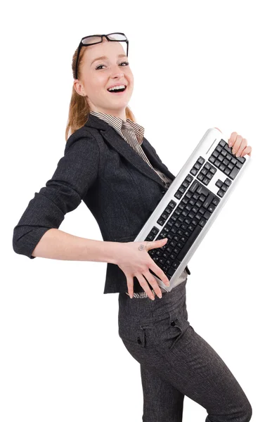 Mulher com teclado isolado no branco — Fotografia de Stock