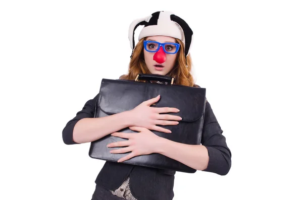 Engraçado palhaço mulher isolado no branco — Fotografia de Stock