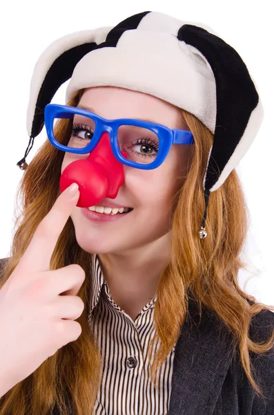 Femme drôle clown isolé sur le blanc — Photo