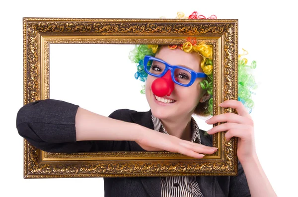 Funny clown girl with frame — Stock Photo, Image