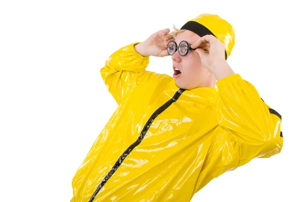 Hombre en traje amarillo aislado en blanco —  Fotos de Stock