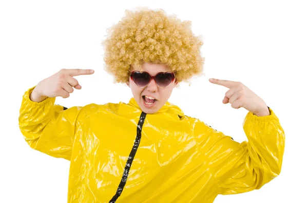 Hombre en traje amarillo aislado en blanco —  Fotos de Stock