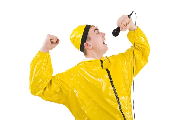 Hombre en traje amarillo aislado en blanco — Foto de Stock