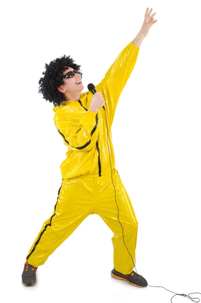 Muž ve žlutém obleku izolovaný na bílém — Stock fotografie
