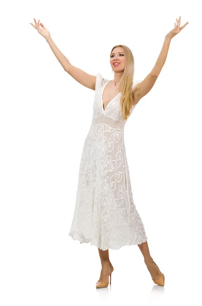 Mujer en vestido en vestido de moda aislado en blanco — Foto de Stock