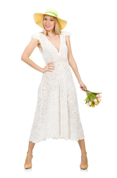 Žena v šatech v módní šaty izolované na bílém — Stock fotografie