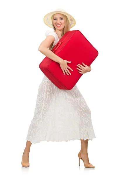 Mujer con maleta roja aislada en blanco —  Fotos de Stock