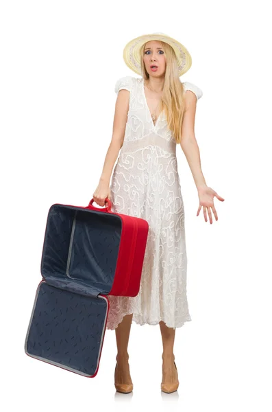 Жінка з червоною валізою ізольована на білому — стокове фото