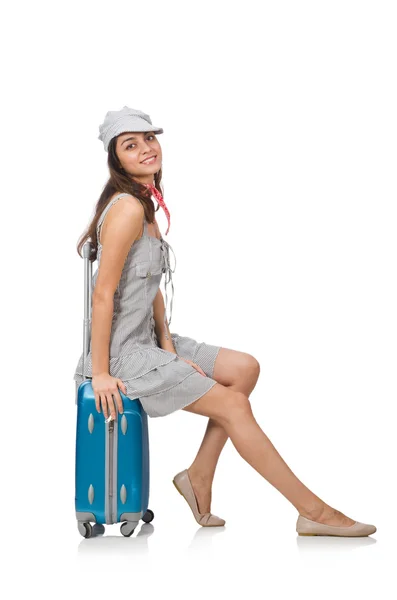 Femme avec valise isolée sur blanc — Photo