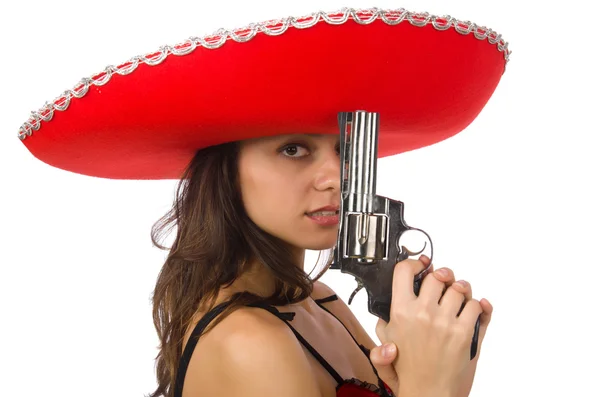 Woman wearing sombrero hat in funny concept — Stock Photo, Image